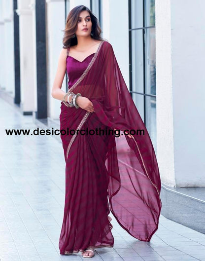 Wine Georgette Printed Saree