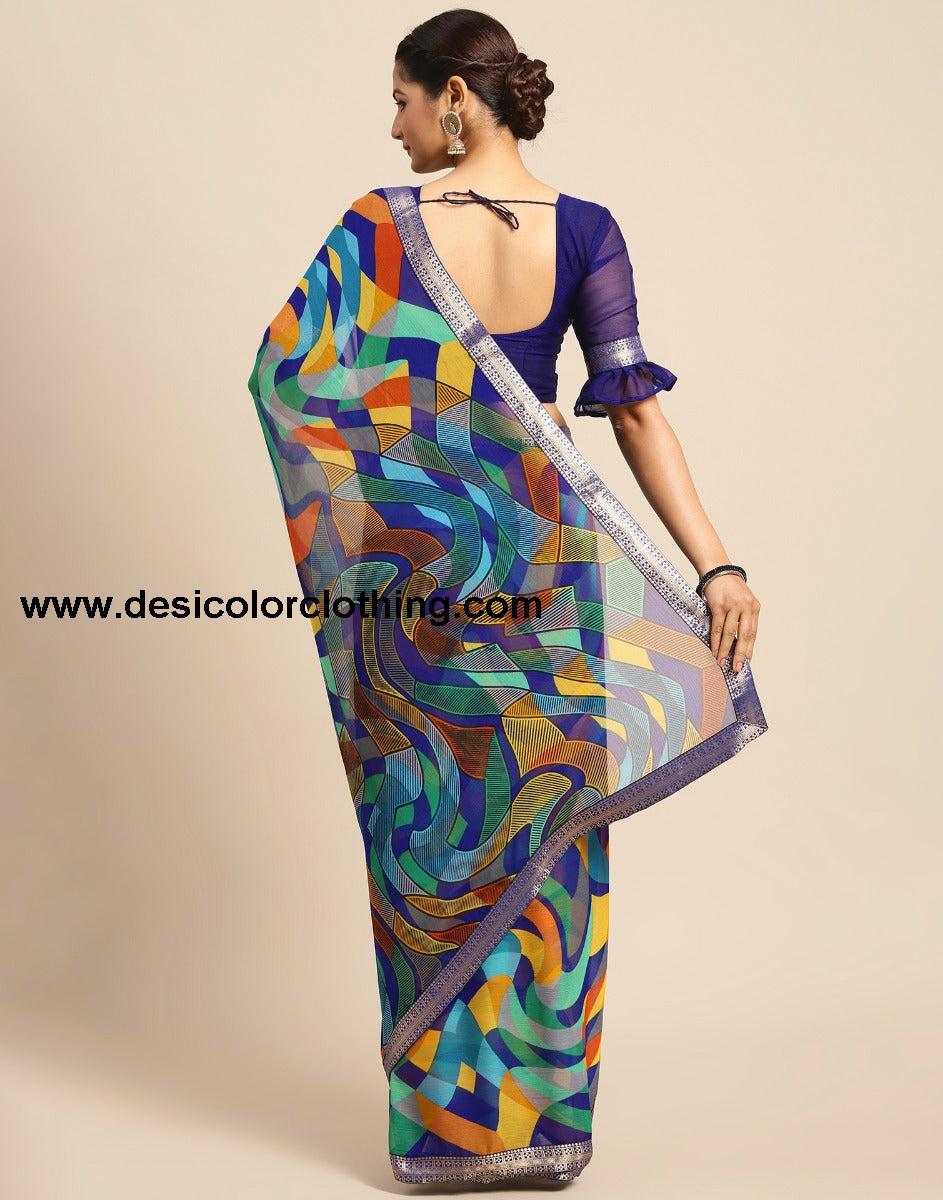 Royal Blue Coloured Chiffon Geometric Printed Saree | SLV2212S1032