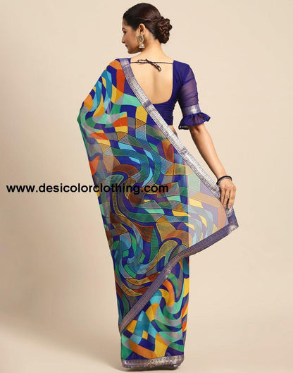 Royal Blue Coloured Chiffon Geometric Printed Saree | SLV2212S1032