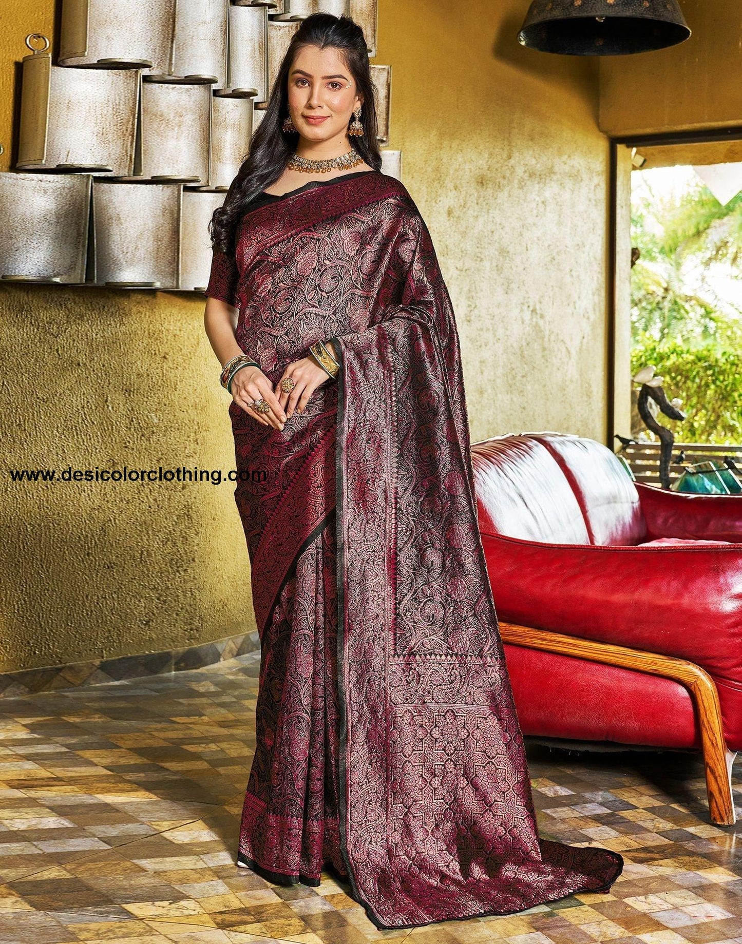Black and Wine Jacquard Silk Saree