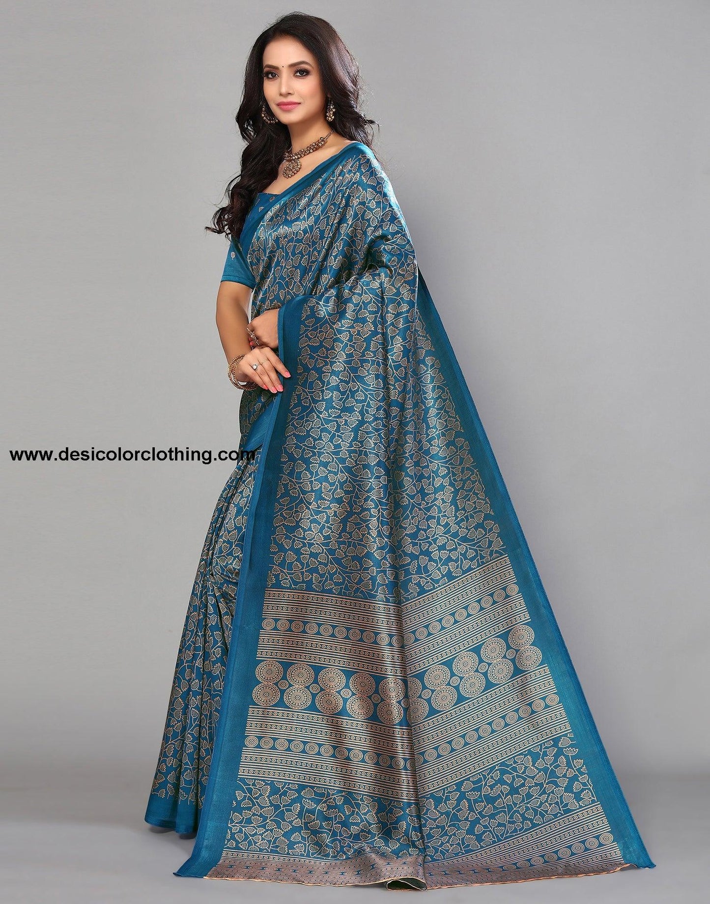Teal Blue Silk Printed Saree