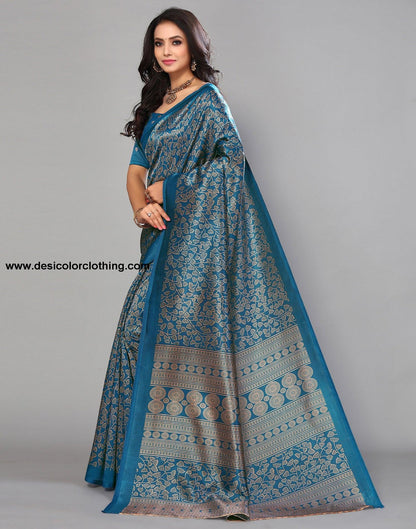 Teal Blue Silk Printed Saree