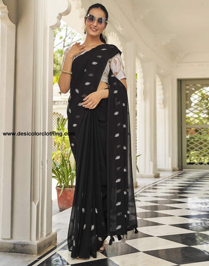 Black Printed Georgette Embroidery Saree