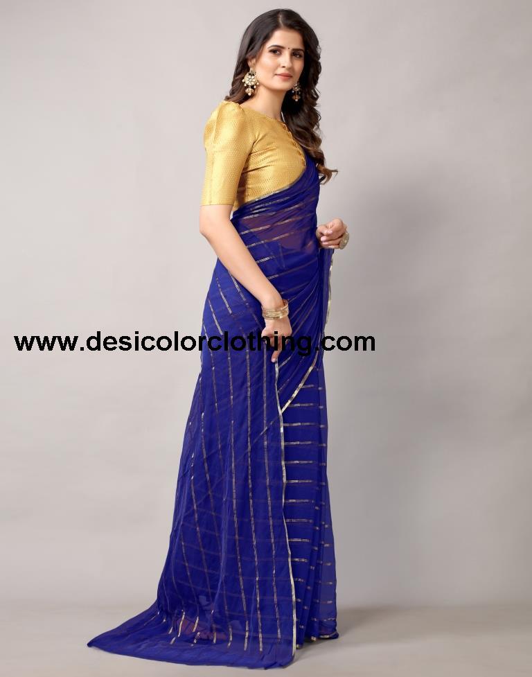 Royal Blue Plain Chiffon Saree