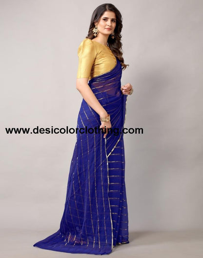Royal Blue Plain Chiffon Saree