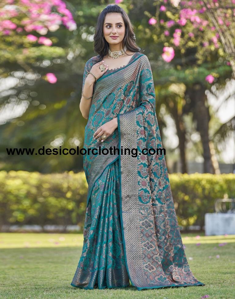 Rama Blue Organza Plain Saree