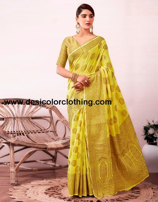 Yellow Silk Plain Saree