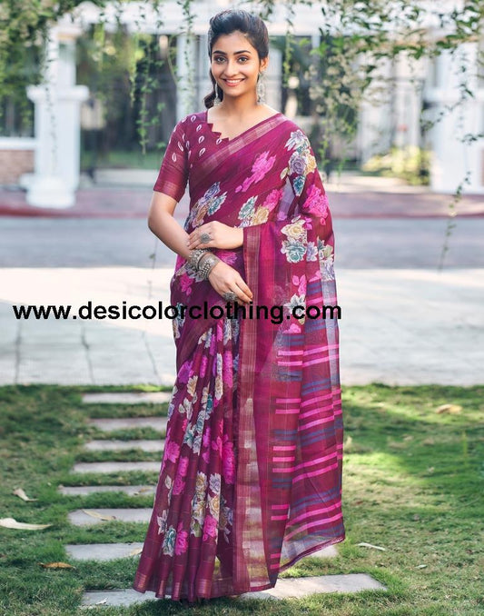 Dark Purple Cotton Printed Saree