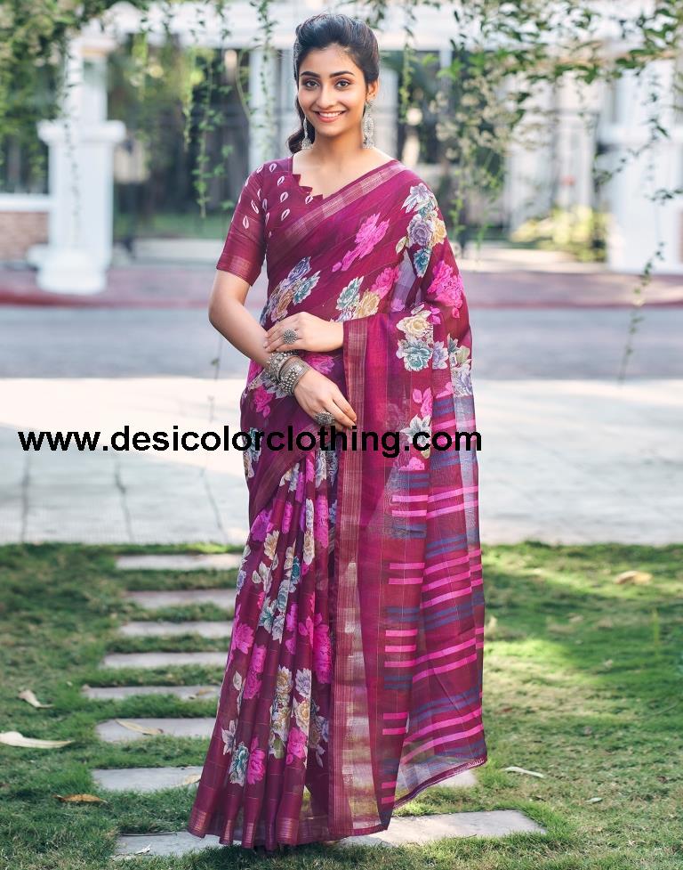 Dark Purple Cotton Printed Saree