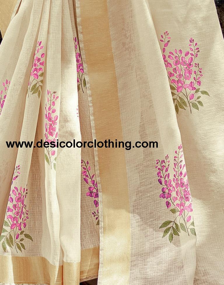 Cream Cotton Printed  Saree