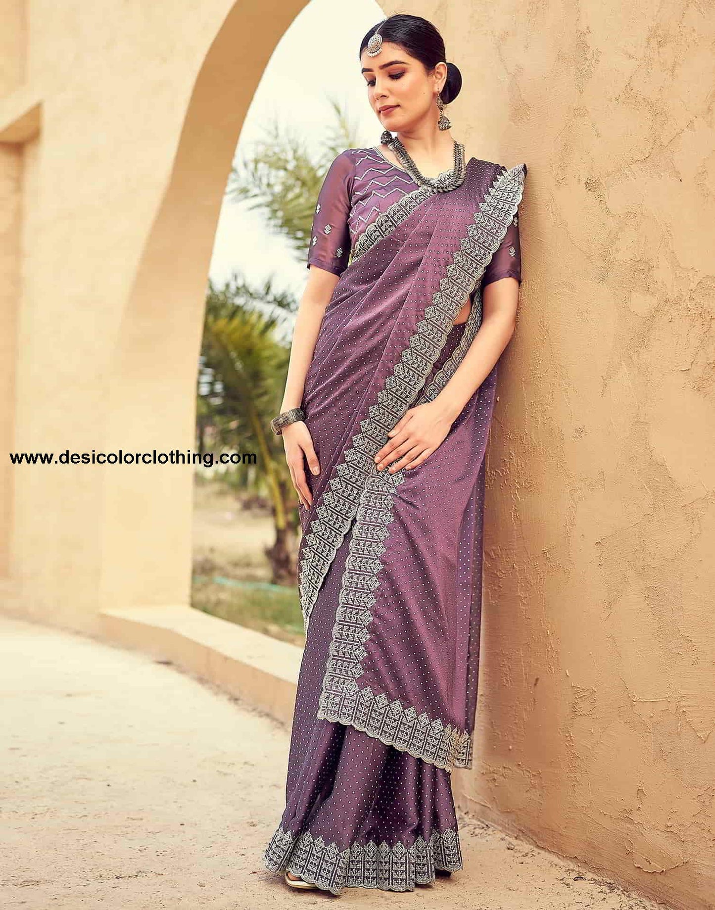 Purple Swarovski Georgette Embroidery Saree