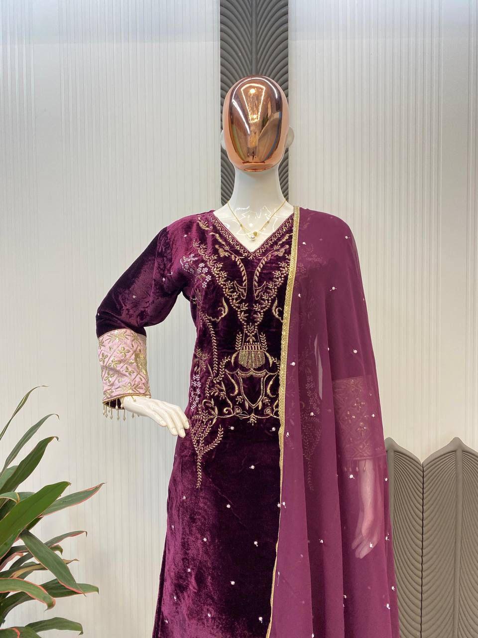 Product Image - Designer Velvet Sequence Embroidery Suit with Dupatta