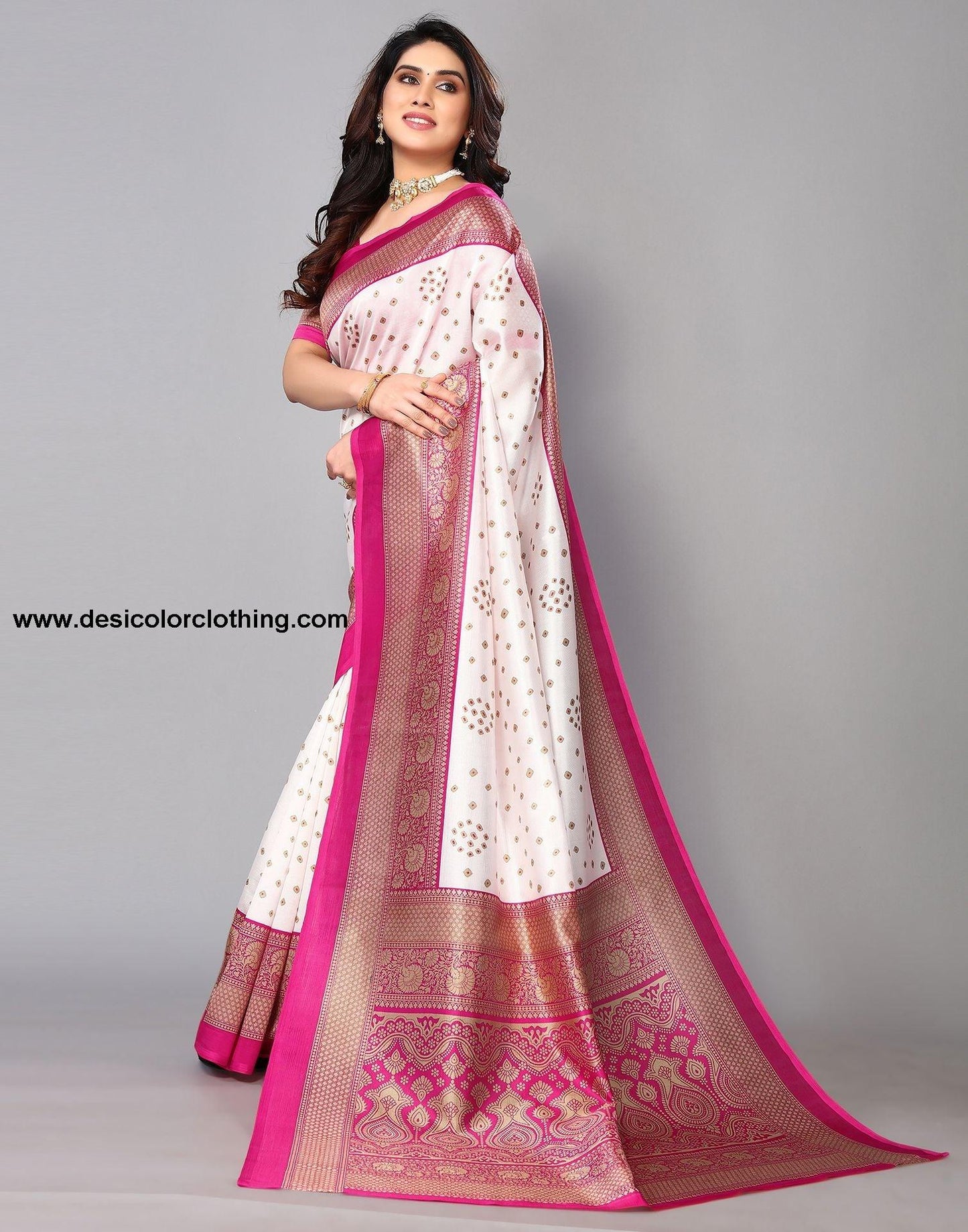 White Silk Bandhani Saree
