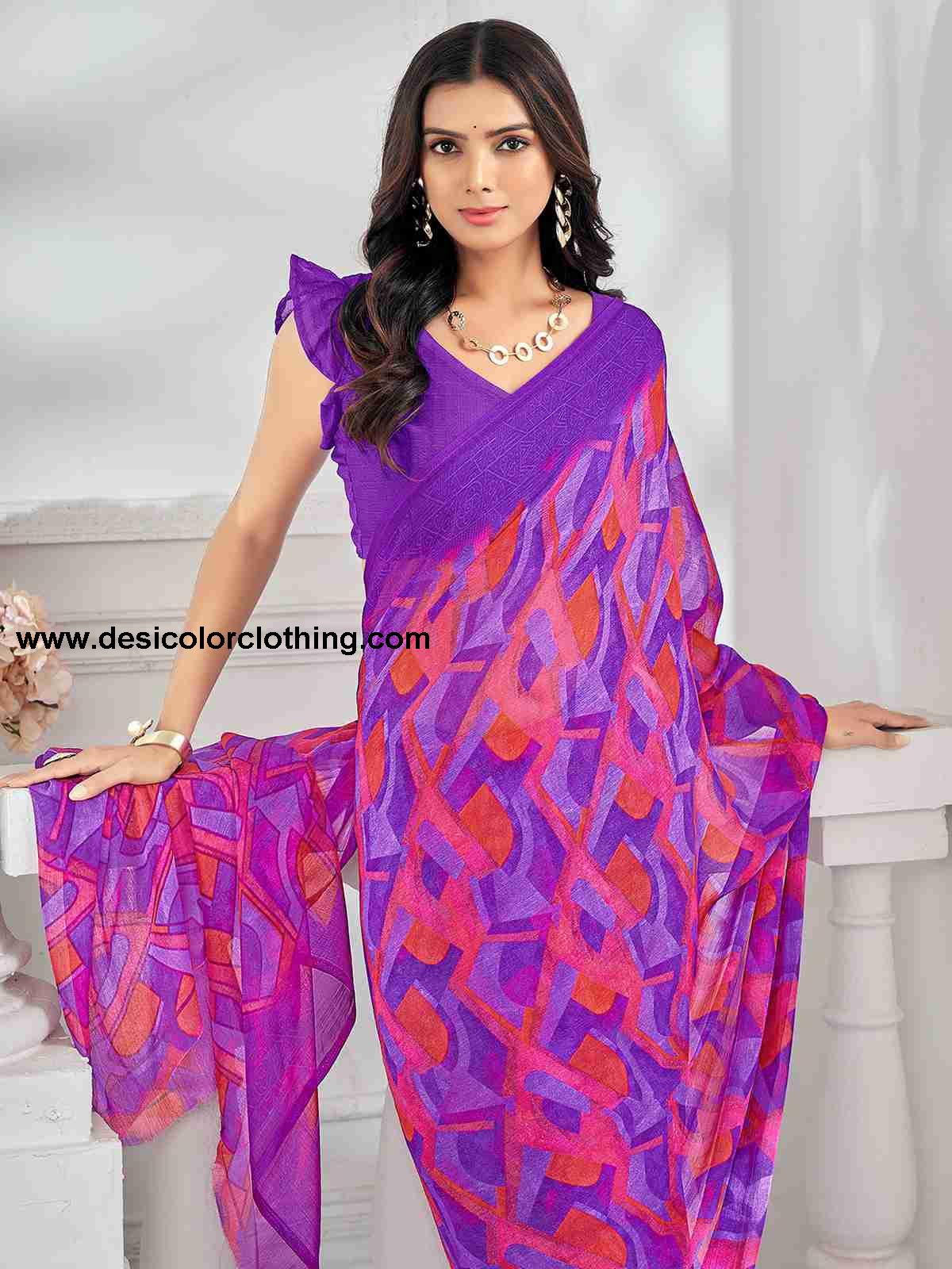 Violet Chiffon Printed Saree