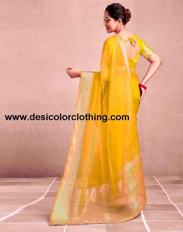 Yellow Orgenza Plain Saree