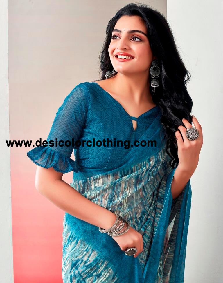 Teal Blue Chiffon Printed  Saree