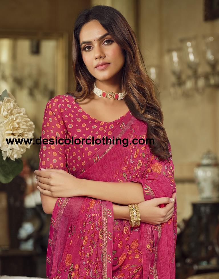 Pink Georgette Printed Saree