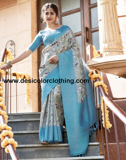 Dusty Green Silk Printed Sarees