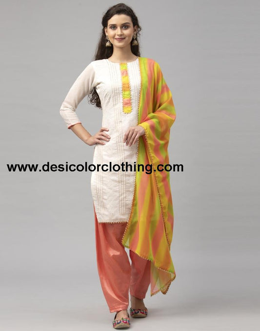 Blooming Off White Cotton Embroidered Unstitched Salwar Suit
