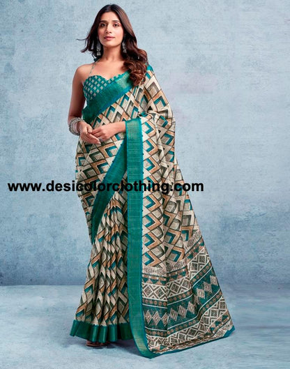 Rama Green Silk Printed  Saree
