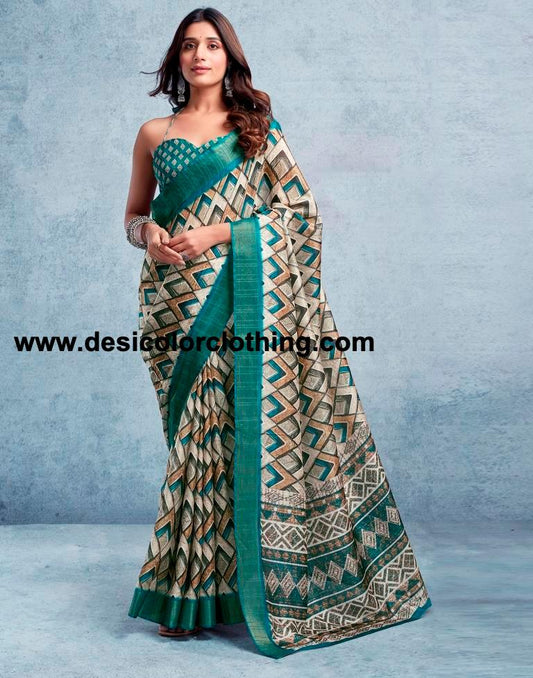 Rama Green Silk Printed  Saree