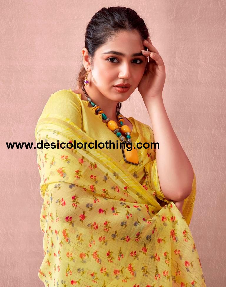 Yellow Cotton Printed  Saree