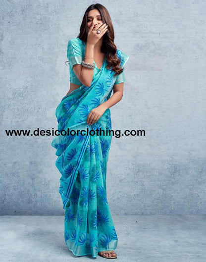 Turquoise Linen Printed  Saree