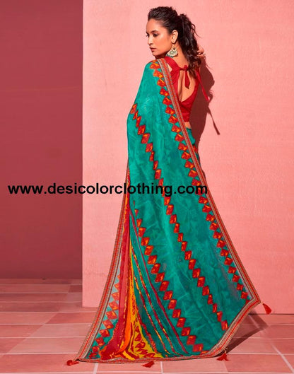 Teal Blue Chiffon Printed Saree