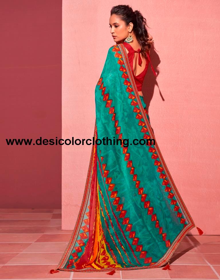Teal Blue Chiffon Printed Saree