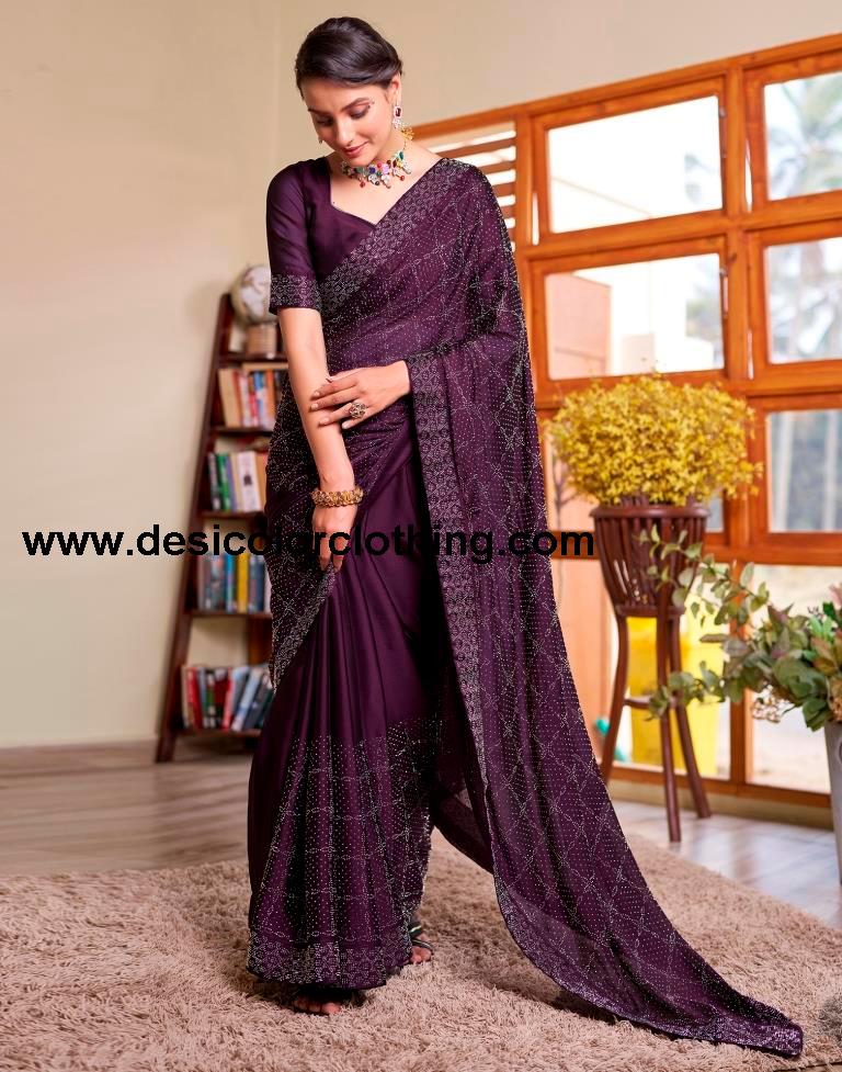 Deep Purple Georgette Plain Saree
