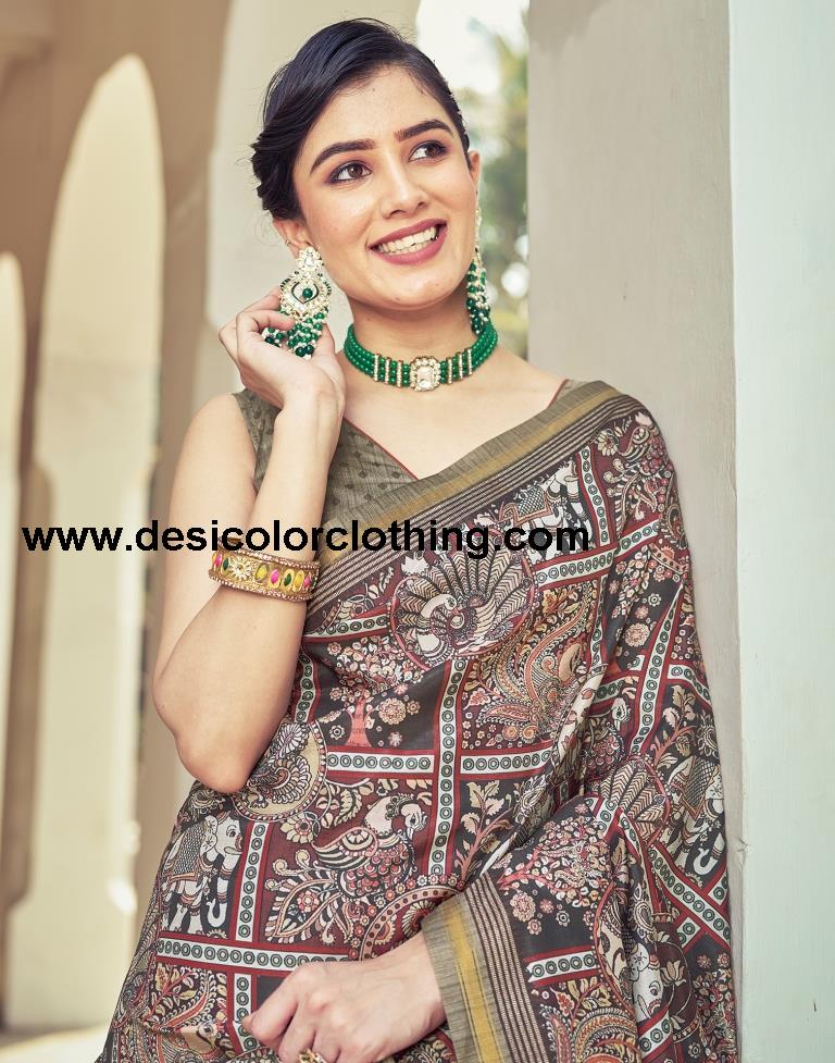Brown Silk Printed Ready To Wear