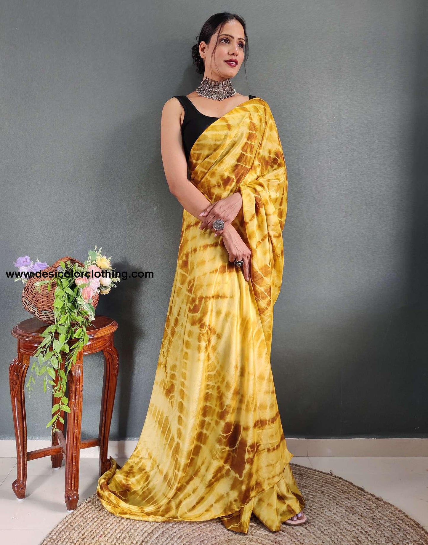Yellow Printed Silk Pre-draped Saree