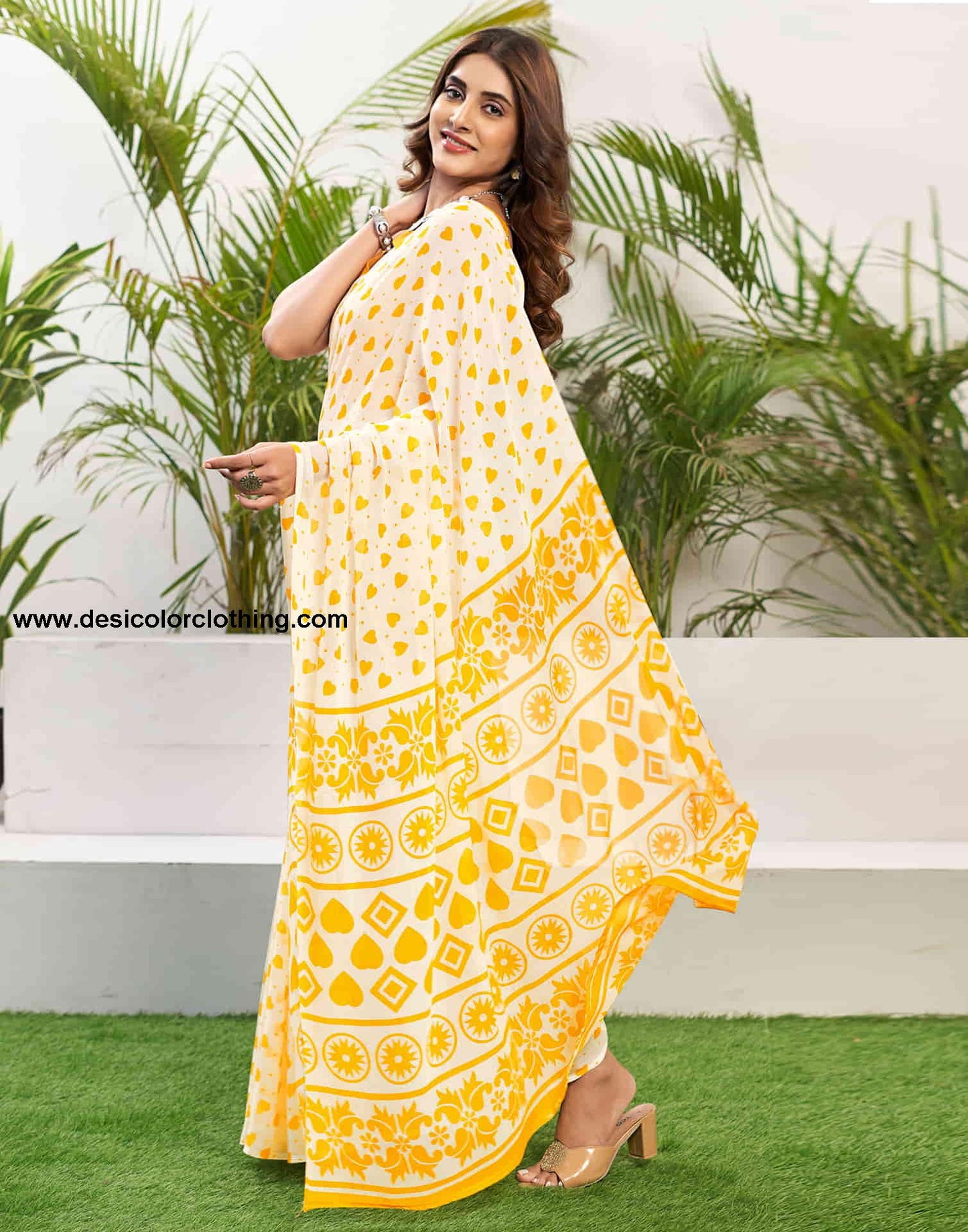 Yellow Chiffon Printed Saree