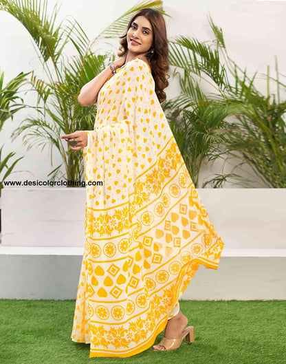Yellow Chiffon Printed Saree