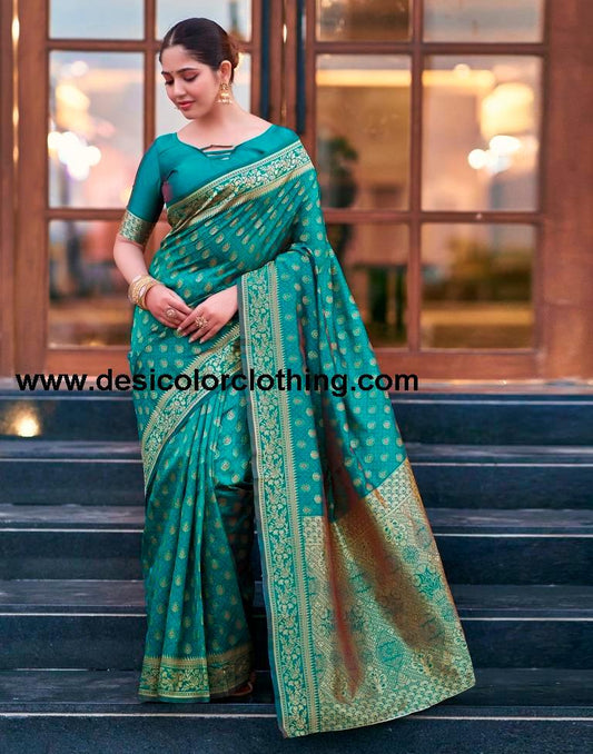 Teal Blue Silk Weaving Saree