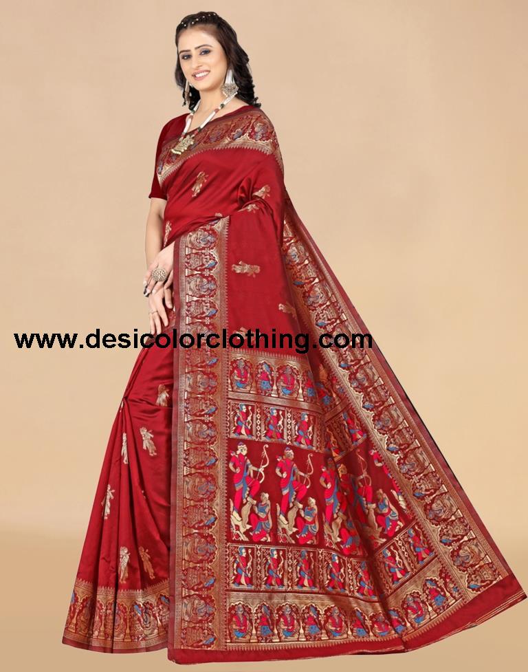 Red Paithani Silk Plain Saree