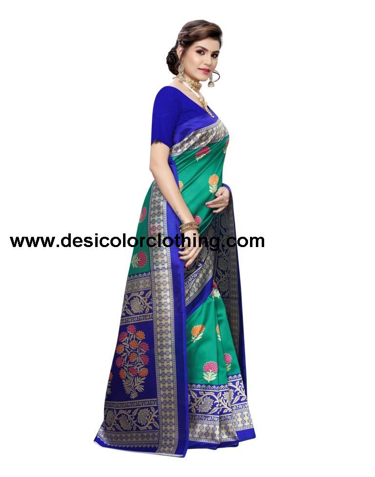 Turquoise Coloured Poly Silk Printed Partywear saree