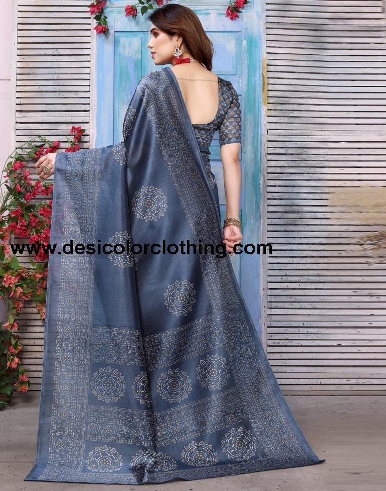 Steel Grey Silk Bandhani Printed Saree