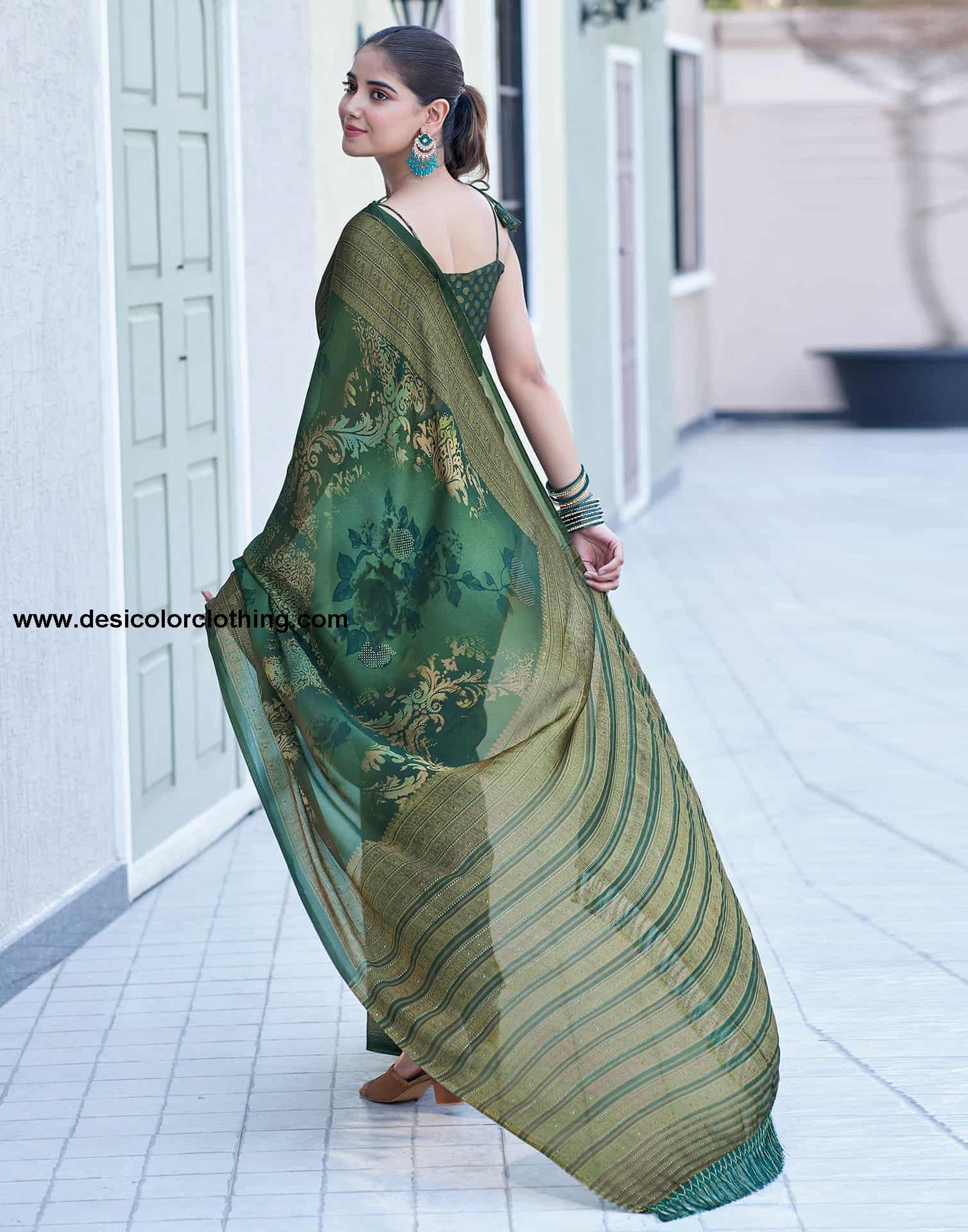 Dark Green Georgette Printed Saree