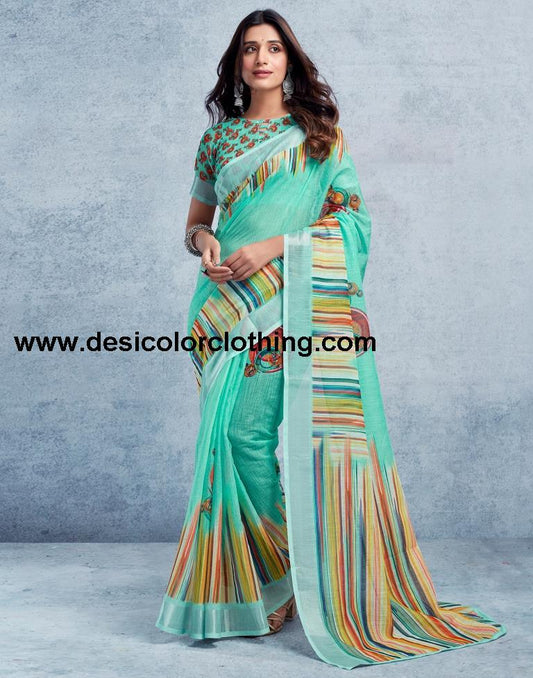 Pasta Green Linen Printed  Saree