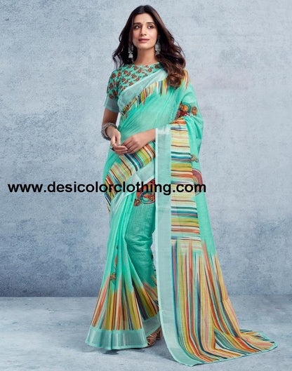 Pasta Green Linen Printed  Saree