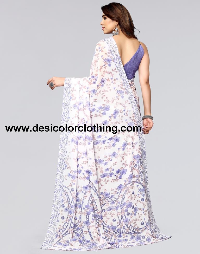 White Printed Georgette Saree