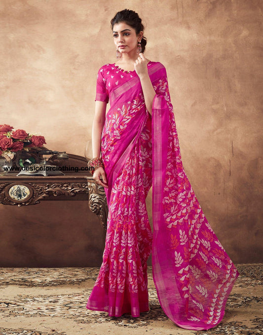 Pink Printed Cotton Saree