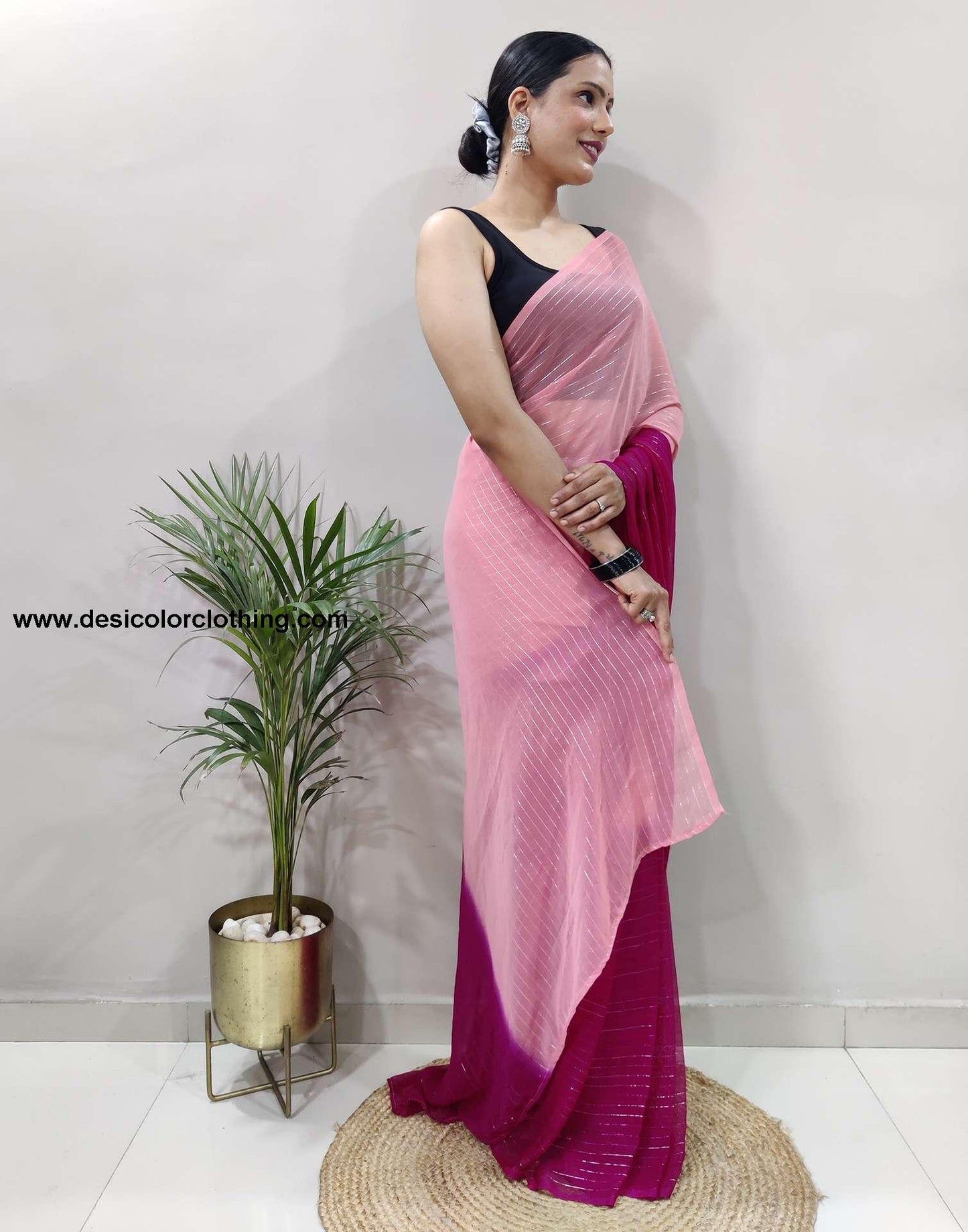 Peach Plain Georgette Pre-draped Saree