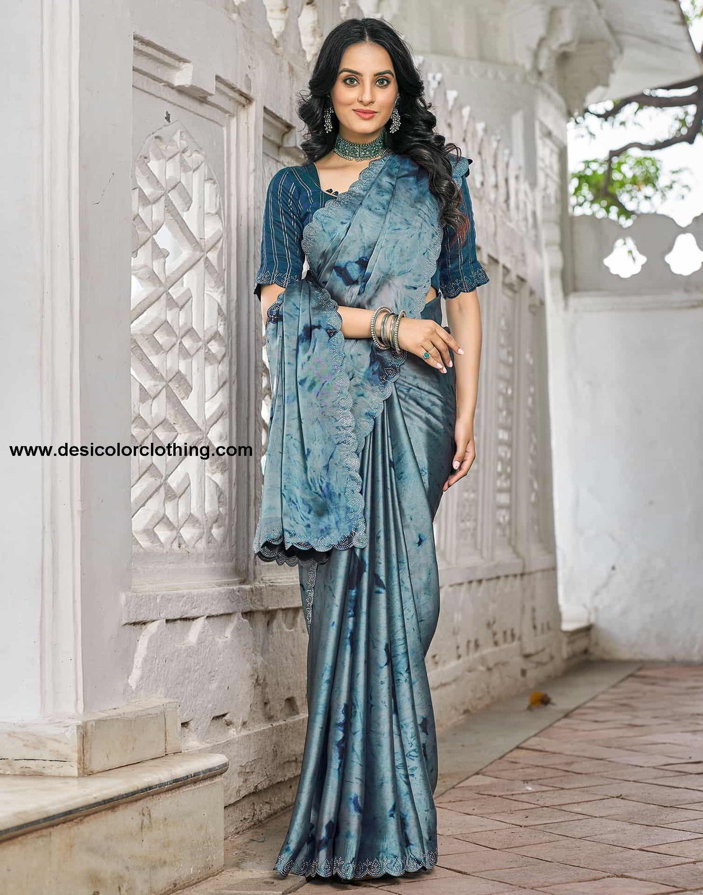 Blue Printed Georgette Stone Work Saree