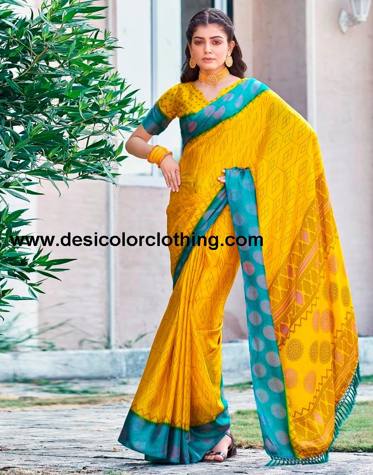 Yellow Cotton Printed Sarees