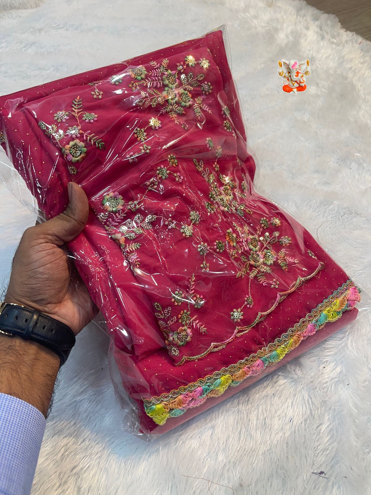 Product Image - Designer Georgette Saree with Multi Embroidery & Rainbow Lace