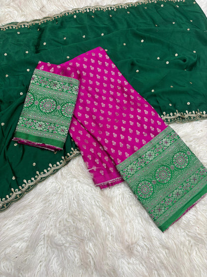Product Image - Exquisite Pongal Special Designer Saree with Banarasi Border and Chiffon Dupatta - Festive Wear