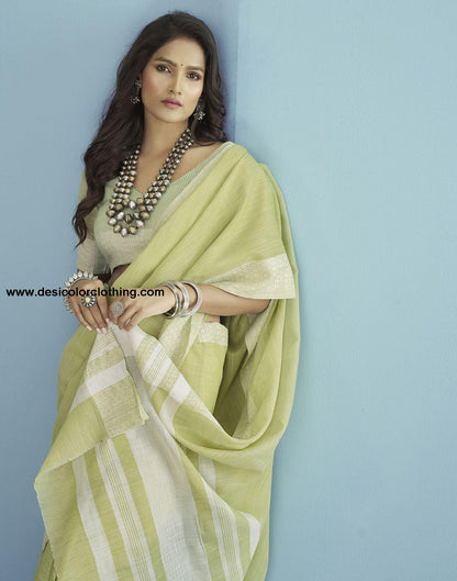 Pista Green Self Woven Plain Cotton Saree