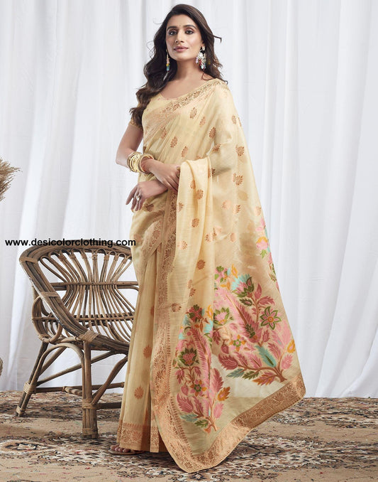 Cream Jacquard Linen Saree